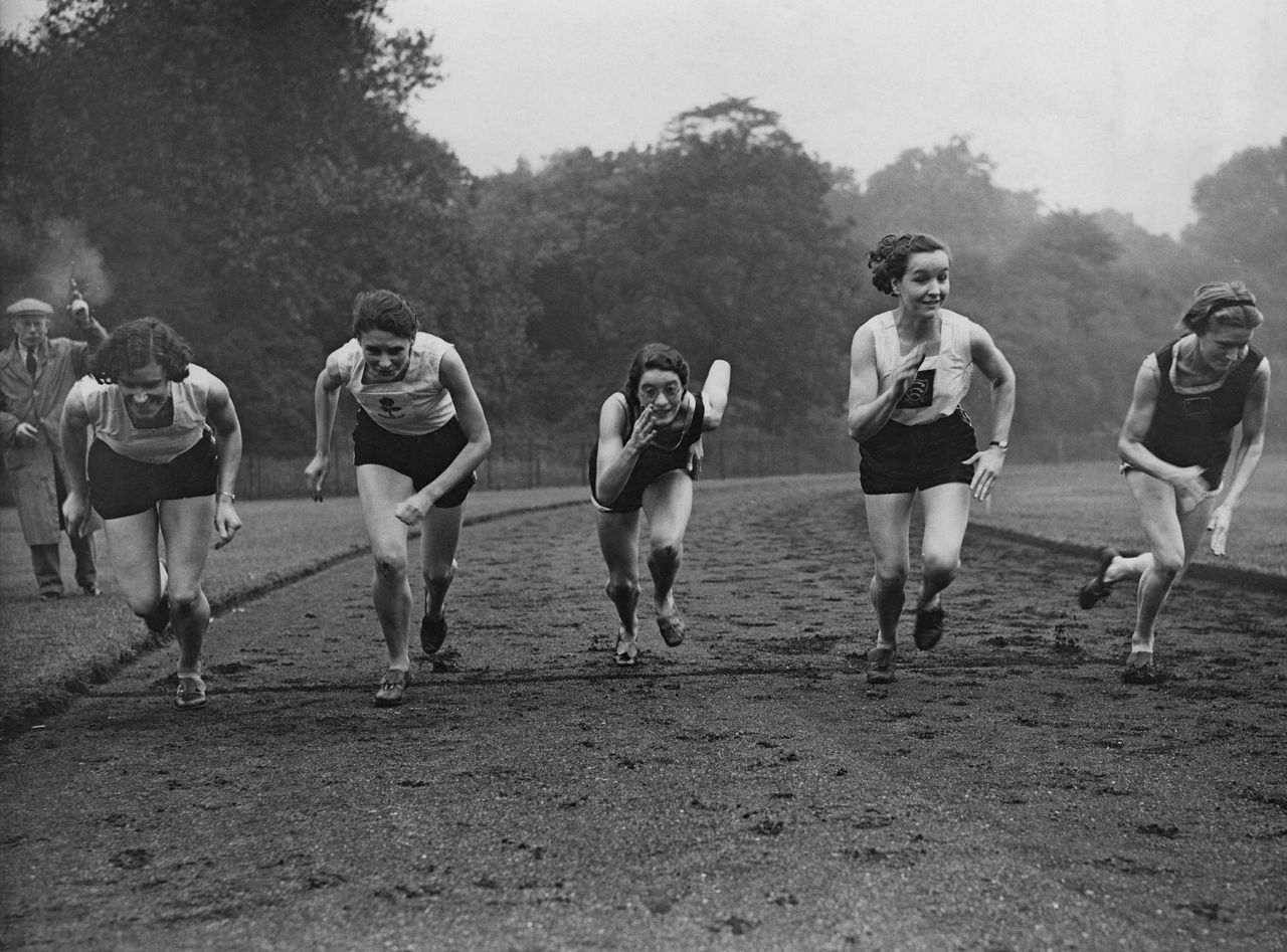 English women athletes training in Battersea Park, London, 21st September 1937. Left to right: Dorothy Saunders, Kath Tiffen, Ethel Raby and Dorothy Odam. The athletes have been provisionally selected to compete in the forthcoming British Empire Games in Sydney. (Photo by Fred Morley/Fox Photos/Hulton Archive/Getty Images)