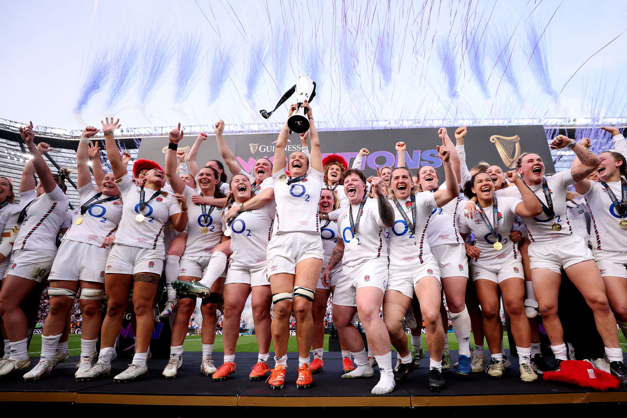 2212122943 LONDON, ENGLAND - APRIL 26: Zoe Aldcroft of England lifts the Guinness Womenâs Six Nations trophy, after England defeated France to secure a Grand Slam and be crowned as Six Nations Champions, after the Guinness Women's Six Nations 2025 match between England and France at Allianz Stadium on April 26, 2025 in London, England. (Photo by Morgan Harlow - RFU/The RFU Collection via Getty Images)