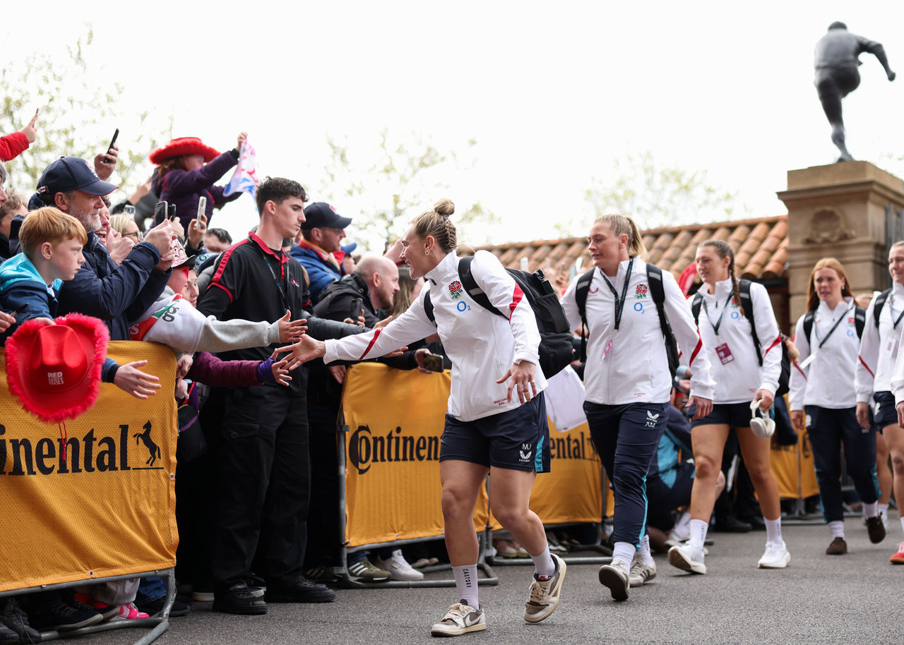 LONDON, ENGLAND - APRIL 11: Meg Jones of England interacts with fans as she arrives at the stadium prior to the Women's Guinness Six Nations 2026 match between England Red Roses and Ireland at Allianz Stadium on April 11, 2026 in London, England. (Photo by Alex Davidson - RFU/The RFU Collection via Getty Images)