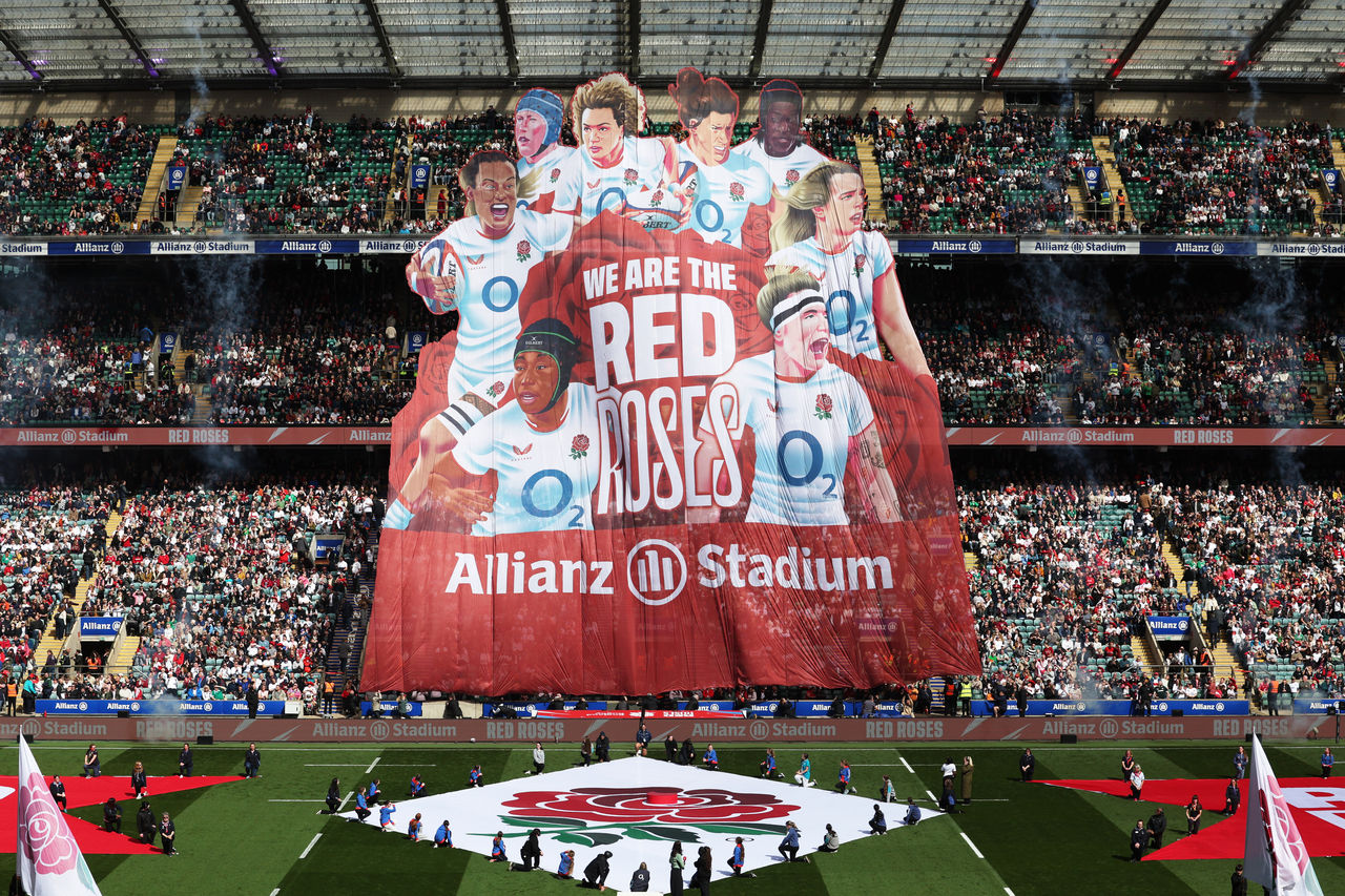 LONDON, ENGLAND - APRIL 11: General view inside the stadium as a tifo is displayed in support of England prior to the Women's Guinness Six Nations 2026 match between England Red Roses and Ireland at Allianz Stadium on April 11, 2026 in London, England. (Photo by Steve Bardens - RFU/The RFU Collection via Getty Images)
