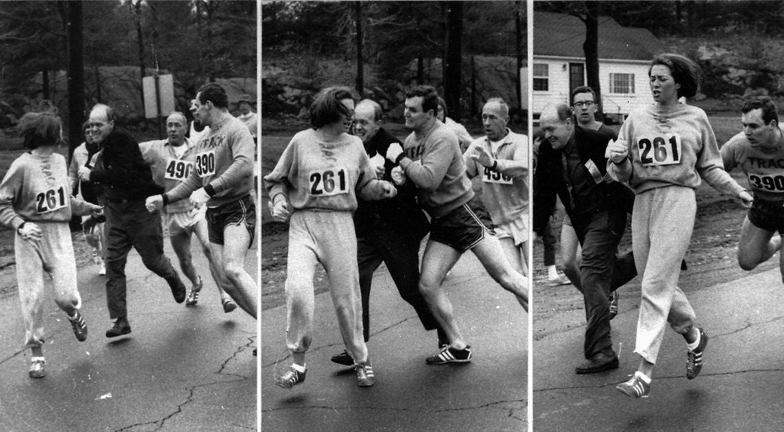 “Iconic image of Kathrine Switzer being chased down by Jock Semple at the 1967 Boston Marathon”