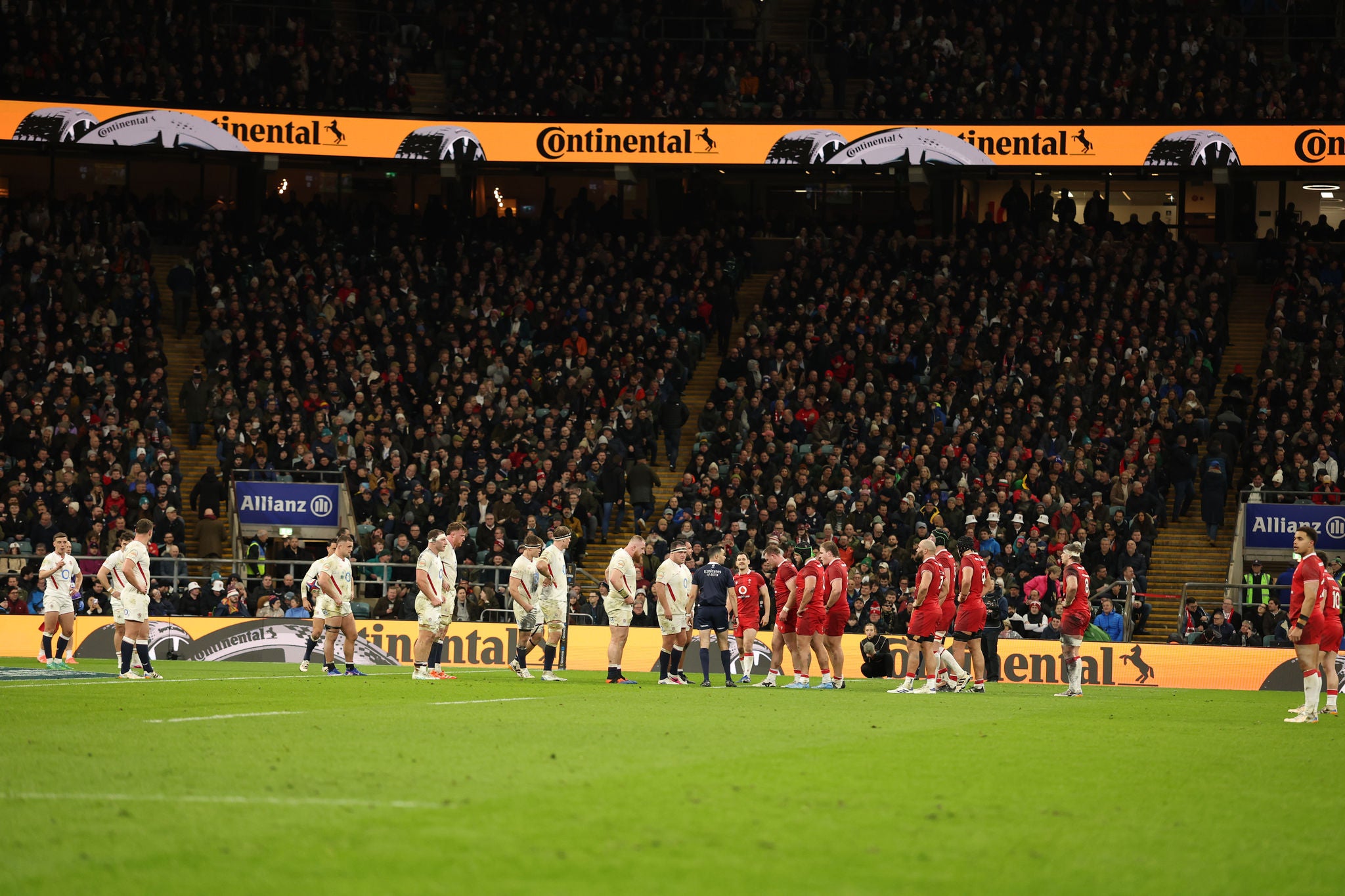 LONDON, ENGLAND - FEBRUARY 07: A general view as players of England prepare to scrum against players of Wales, as the LED perimeter displays the Continental Tyres advert, during the Guinness Six Nations 2026 match between England and Wales at Allianz Stadium on February 07, 2026 in London, England. (Photo by Dan Mullan - RFU/The RFU Collection via Getty Images)