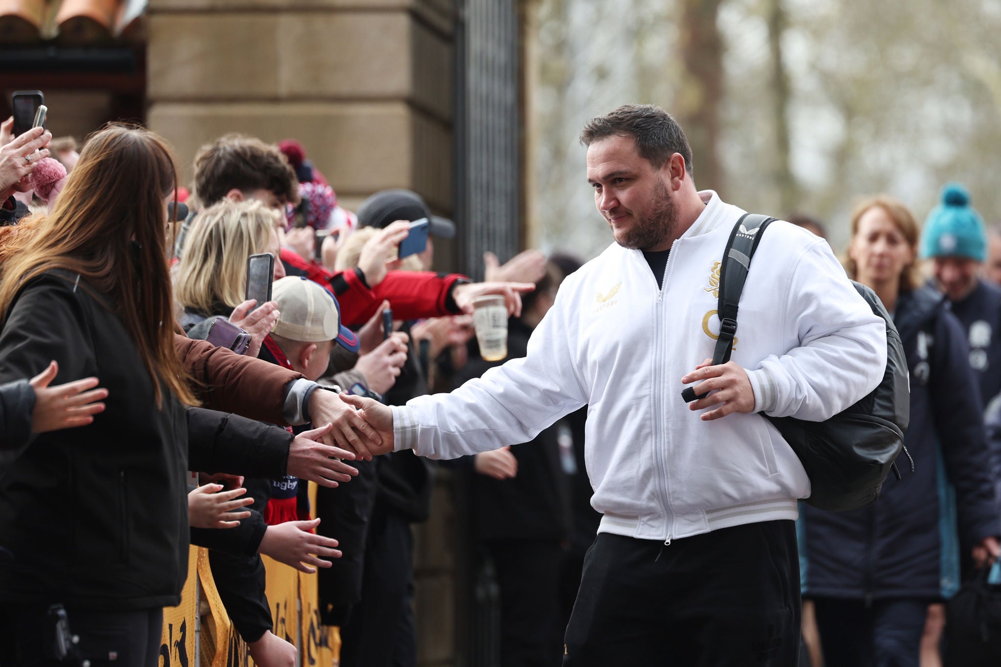 LONDON, ENGLAND - FEBRUARY 21: Jamie George of England interacts with fans as he arrives at the stadium prior to the Guinness Six Nations 2026 match between England and Ireland at Allianz Stadium on February 21, 2026 in London, England. (Photo by Steve Bardens - RFU/The RFU Collection via Getty Images)