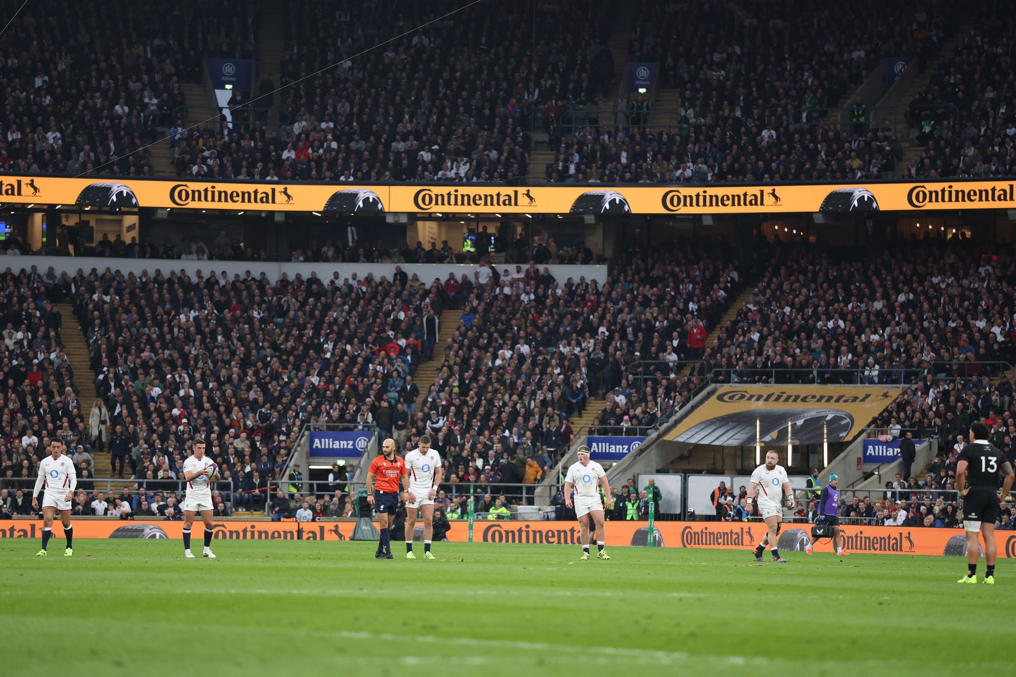 LONDON, ENGLAND - NOVEMBER 15: A general view of the inside of the stadium as the LED perimeter displays the advert of Continental Tyres during the Quilter Nations Series 2025 rugby international match between England and New Zealand at Allianz Stadium on November 15, 2025 in London, England. (Photo by Dan Mullan - RFU/The RFU Collection via Getty Images)